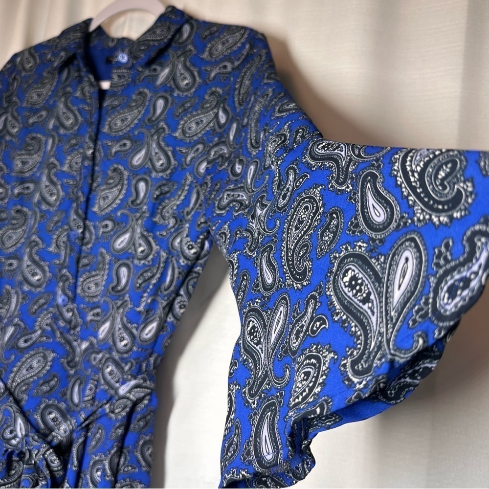 Banana Republic Career Dress Women's Size 4 Blue Paisley Print Belt Bell Sleeve - Picture 4 of 12